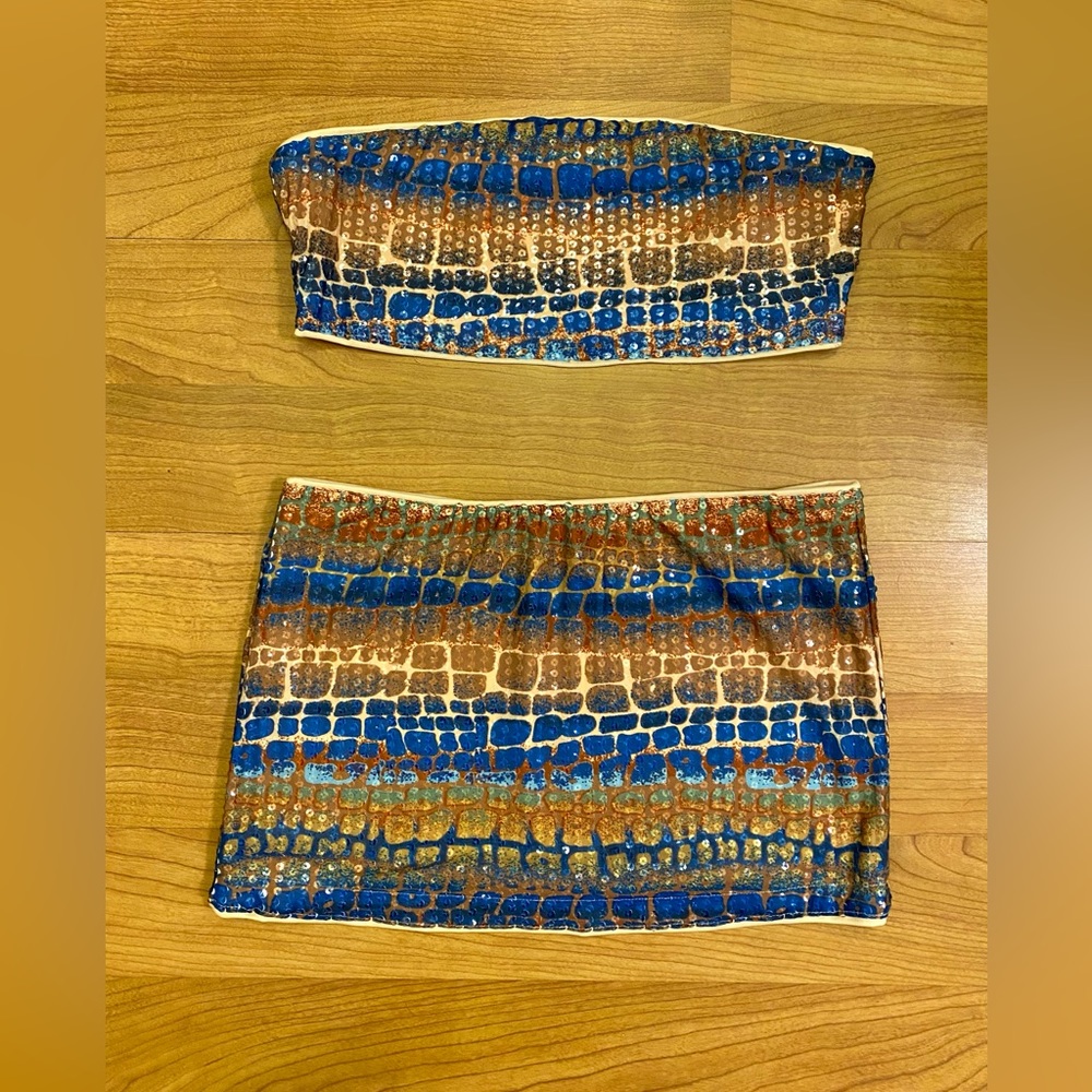 Blue & Tan Scale Print Sequin Skirt Set